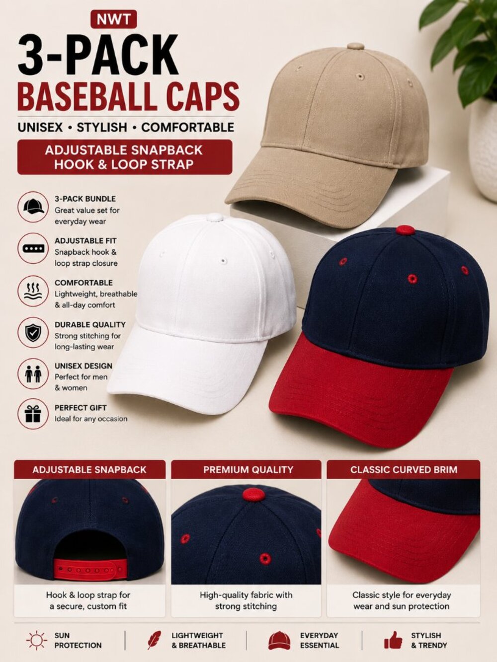 NWT 3-Pack Adjustable Baseball Caps Snapback Hook & Loop Strap Hat Bundle Unisex